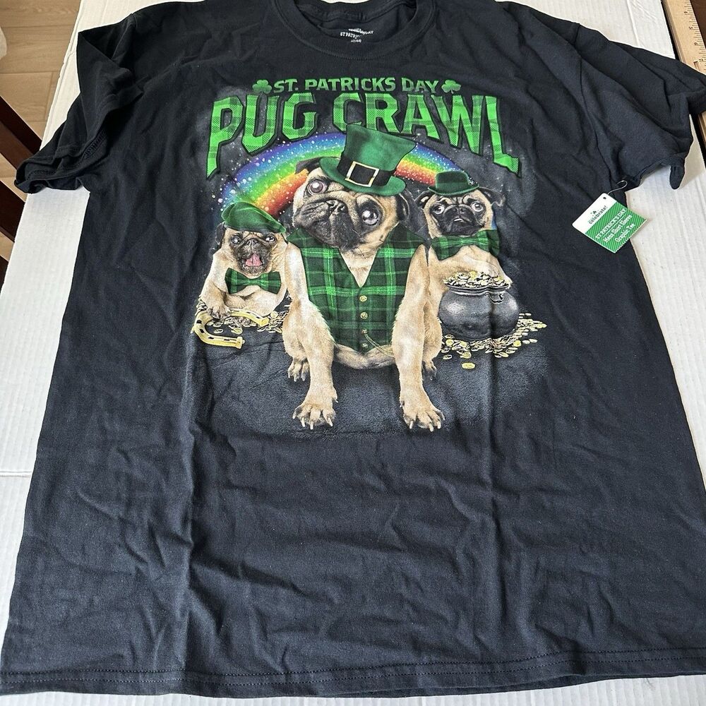 St. Patrick's Day Pug Crawl Tee T- Shirt Adult Men Large Black Green Cotton Dog